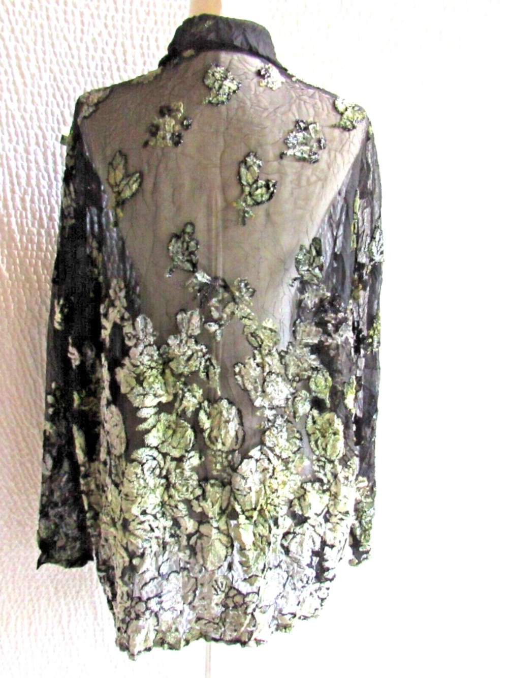 Evening Shirt Cardigan Wrap Green Velvet 3D Metallic Embossed Top L Vtg Jacket